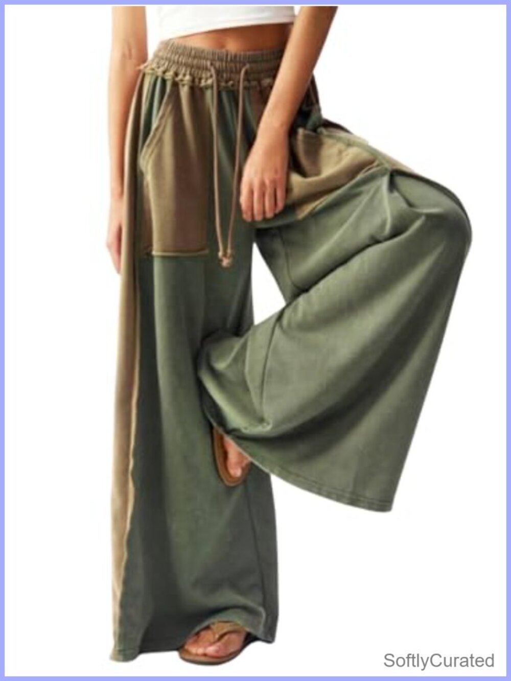 Women's Baggy Wide Leg Sweatpants High Waist Drawstring Two Tone